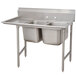 A stainless steel Advance Tabco two compartment sink with a left drainboard.