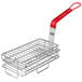 A Tablecraft metal fryer basket with red handles and a hook.