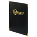 A black menu cover with gold writing.