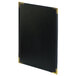 A black rectangular leather-like menu cover with gold trim.