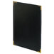 A black leather rectangular menu cover with gold corners.