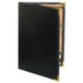 A black leather Menu Solutions booklet with a gold trim.