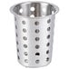 A stainless steel flatware cylinder with holes.