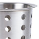 A close up of a stainless steel Cal-Mil flatware cylinder with holes in it.