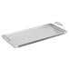 A rectangular metal steel griddle tray with handles.