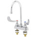 A chrome T&S deck-mounted workboard faucet with gooseneck spout and wrist handles.