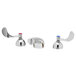 Two T&S deck mounted lavatory faucets with white wrist handles and chrome faucets.