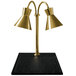 A Hanson Heat Lamps brass carving station with black synthetic granite base holding two brass lamps.