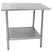 An Advance Tabco stainless steel work table with a galvanized undershelf.