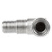 A stainless steel threaded pipe fitting with a silver screw on the end.