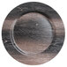 A walnut faux wood melamine charger plate with a circular surface.