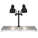 A black Hanson Heat Lamps carving station with two lamps over a metal shelf.