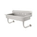 A stainless steel Advance Tabco hand sink with 3 holes and hooks on the side.