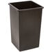 A brown plastic trash can with a square top.