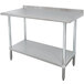 A stainless steel metal work table with a shelf.