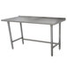 An Advance Tabco stainless steel work table with an open base and legs.