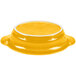 A yellow oval china casserole dish with a white rim.
