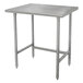 An Advance Tabco stainless steel work table with an open base and rectangular top on metal legs.