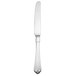 A silver Oneida Juilliard solid handle dinner knife on a white background.
