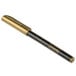 A close-up of a Franmara metallic gold fine point glass marker with a black tip.