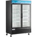 A black Avantco swing glass door merchandiser refrigerator.