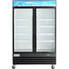 An Avantco black swing glass door merchandiser refrigerator.