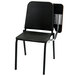 A National Public Seating black stack chair with metal legs and a left tablet desk arm.