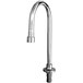 A chrome T&S deck-mounted faucet with a swivel gooseneck nozzle and a screw.