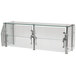An Advance Tabco metal frame with glass panels on glass shelves.