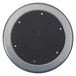 A circular black and silver National Public Seating lab stool seat with holes in black steel.