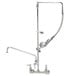 A chrome T&S wall mount pet grooming faucet with a hose and swing nozzle.