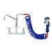 A T&S wall mount pet grooming faucet with blue hoses and lever handles.
