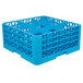 A blue plastic Carlisle glass rack with extenders.