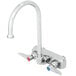 A chrome T&S wall mounted faucet with two lever handles.