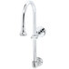A T&S chrome wall mount faucet with a handle.