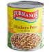 A Furmano's #10 can of black eyed peas on a table in a grocery store aisle.