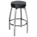 A Lancaster Table & Seating black and silver swivel bar stool with a black vinyl seat.