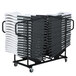 A black Lifetime folding chair cart with a stack of chairs on it.