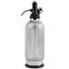 A silver and black soda siphon with a silver cylinder and black accents.