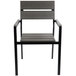 A BFM Seating black aluminum outdoor armchair with a gray synthetic teak back and seat.