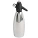 A silver stainless steel iSi soda siphon with a black handle.