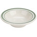 A white bowl with green stripes on the rim.
