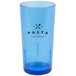 A blue Cambro plastic tumbler with black text that says "pasta" on a table.