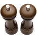 A Chef Specialties walnut pepper mill and salt mill set with silver tops and wooden handles.