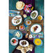A TuxTrendz Artisan Geode Azure bouillon cup on a table with plates of food and flowers.