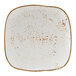A white square Tuxton china plate with brown specks.