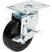 A set of six Avantco swivel plate casters with black and silver metal wheels.