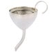 A Franmara silver plated decanter funnel with a curved handle and wire mesh.