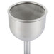 A Franmara stainless steel decanter funnel set on a stand with a round metal mesh.