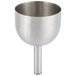 A stainless steel Franmara decanter funnel with a long stem.
